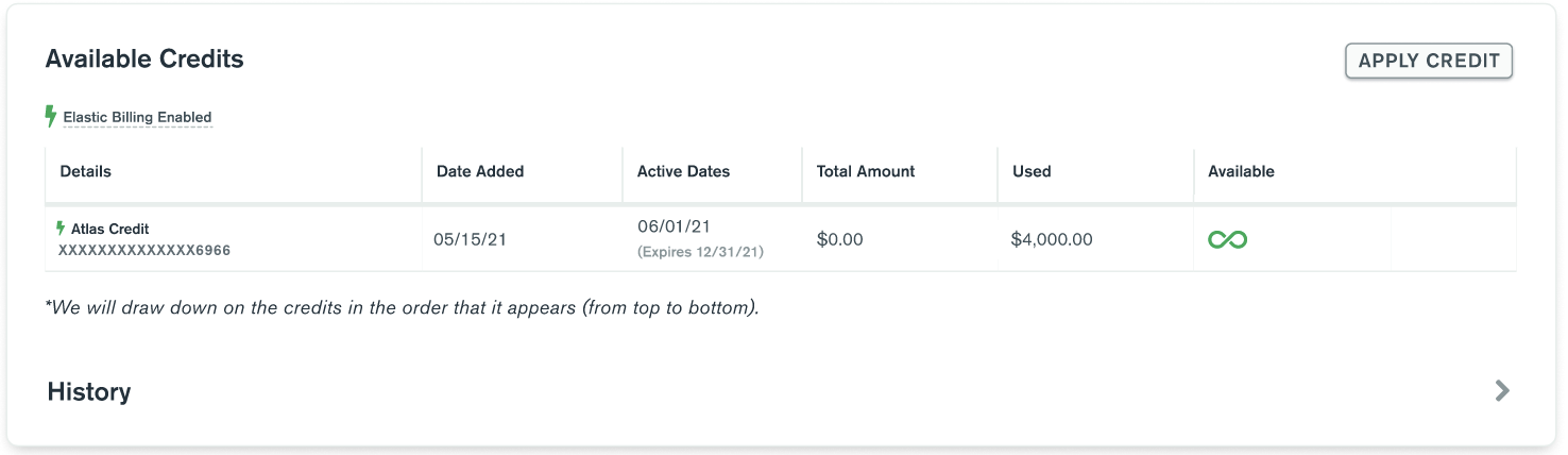 On your Available Credits table, Elastic Billing subscriptions display an infinity symbol in the "Available" column.